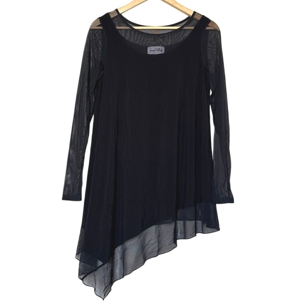 Joseph Ribkoff Black Mesh Asymmetrical Hem Tunic Top Sheer Long Sleeve Size 6